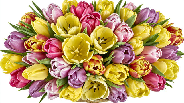 Large bouquet of fresh colorful tulips in yellow, pink and purple shades