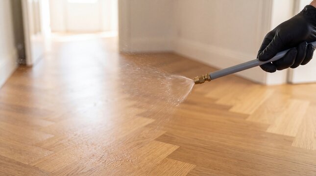 A worker wearing black gloves uses a pressure washer with a spray nozzle to clean a wooden parquet floor in a bright, empty interior space.