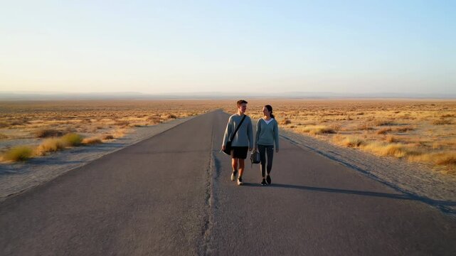 Two adults walk toward camera along empty paved road through dry open plain, carrying small travel bags as warm low sunlight casts long shadows toward distant hills