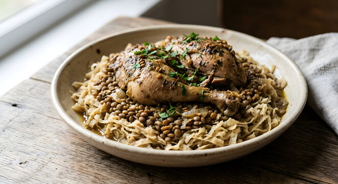 Moroccan rfissa with tender chicken resting over a clearly visible bed of finely shre