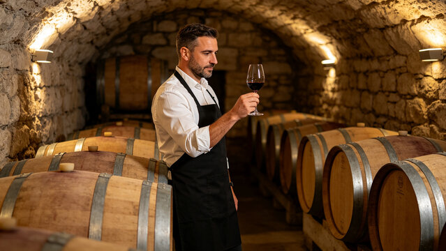 Winemaker Tasting Red Wine In Stone Wine Cella