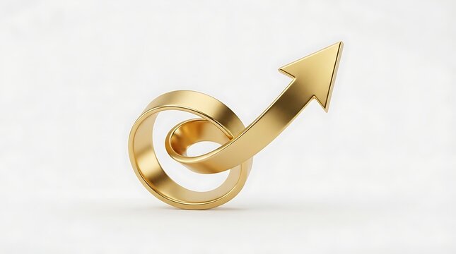 Metallic gold spiral arrow pointing towards the upper right, 3 d rendered symbol on a plain white background