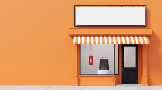 A bright orange storefront with a white awning displays a black shopping bag in the window beside a red sale tag. The shop features a blank white signboard above and a black entrance door.