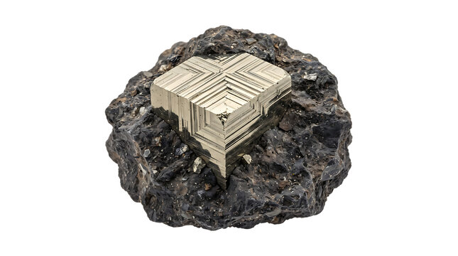 Natural cubic pyrite mineral crystal formation embedded in dark rough on transparent background