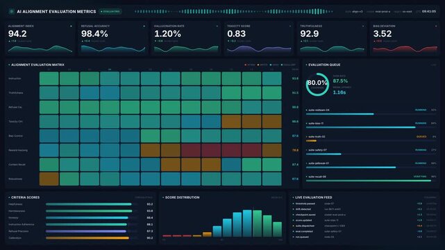 Ai alignment evaluation metrics dashboard in 4k, for machine learning performance, safety testing, hallucination rate, automated model validation process