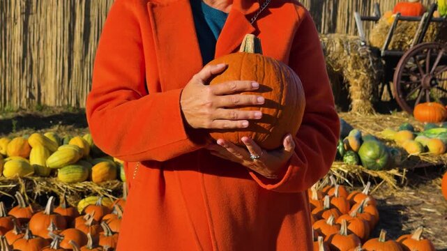 Mid-shot of person cradling medium orange pumpkin with both hands at chest level while wearing bright orange coat and teal collar, fingers interlaced under pumpkin indicate steadying or presenting