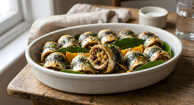 Sicilian sarde a beccafico, individual sardine fillets rolled around a breadcrumb