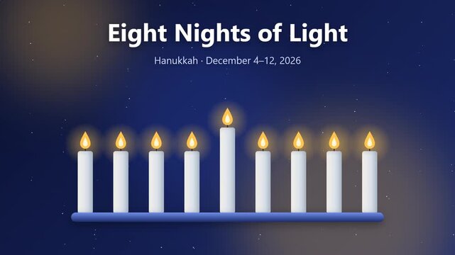Hanukkah candles igniting one by one on a blue holder under a starry sky, seamless loop