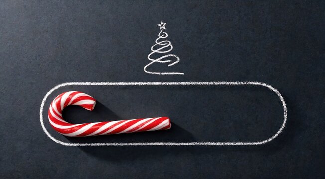 A red and white striped candy cane rests inside a chalk-drawn rounded rectangle on a dark chalkboard, with a simple Christmas tree sketch above.