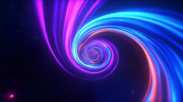 Luminous blue, magenta and orange light trails sweep around a glowing central vortex, forming smooth spiral curves across a dark textured background with scattered bright points