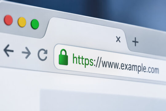 Internet browser address bar with green security lock icon and https URL indicating secure website connection cybersecurity concept 3D illustration
