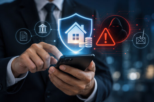 Escrow wire fraud alert and real estate financial security cyber threat detection system businessman holding smartphone with glowing house protection warning icons fraud prevention