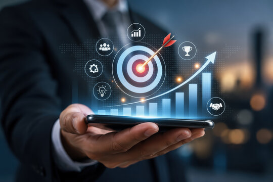 Business target achievement concept digital bullseye with arrow KPI performance growth chart smartphone strategic planning success business growth technology visualization for KPI tracking and goals