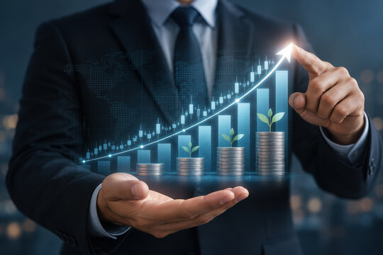 Businessman presenting holographic stock market growth chart with stacked coins and plant sprouts symbolizing saving investing planning strategy and fund growth for financial success