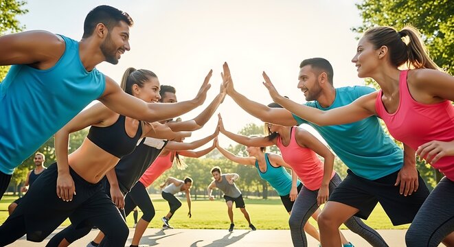 A group of happy and energetic young adults in sportswear giving high fives outdoors, celebrating teamwork and fitness.
