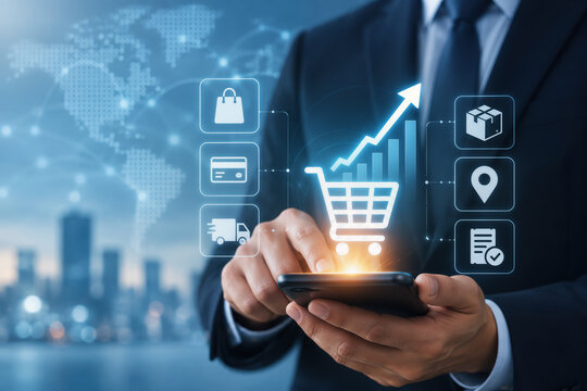 Online shopping and e-commerce growth system mobile checkout with businessman holding smartphone glowing shopping cart rising sales arrow digital purchase tracking