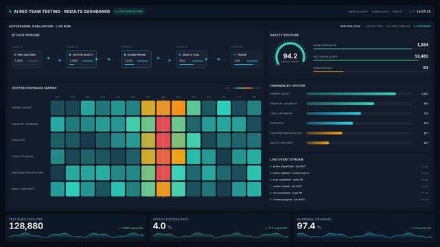 Ai red team testing dashboard with live evaluation, for cybersecurity monitoring, 4k, software analysis, digital defense, vulnerability assessment, threat detection in