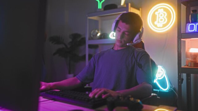 Man wearing white gaming headset typing on keyboard and using mouse, fingers on keys and talking into mic while seated at computer in studio with neon signs, shelf; concentration gameplay challenge.
