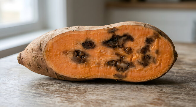 Photorealistic orange sweet potato cut lengthwise showing irregular dark internal