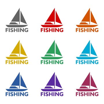 Fishing boat sign icon isolated on white background. Set icons colorful