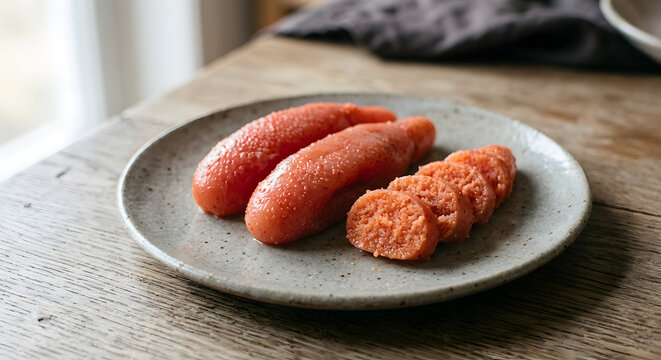 Japanese mentaiko, two intact seasoned pollock roe sacs with naturally granular coral