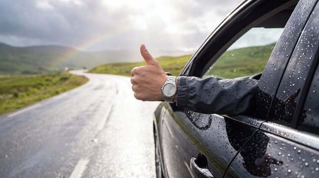 A person gives a thumbs-up gesture from a car window during rainy weather on a scenic mountain road. Wet landscapes with rolling green hills and a distant rainbow create a picturesque travel...