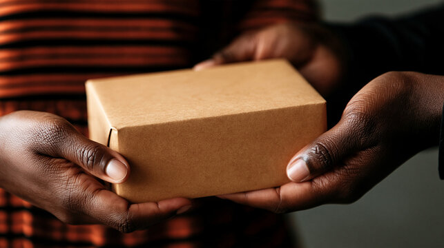 Hands holding a small cardboard gift box with holding object package delivery thank you