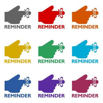 Reminder finger sign icon isolated on white background. Set icons colorful