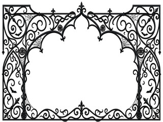 Obraz premium Web Halloween Gothic Wrought Iron Border Vector – Victorian Black Metal Frame, Spider Web & Ornate Archway Design