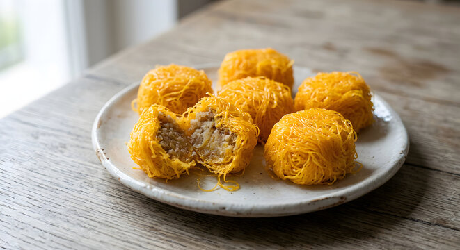 Portuguese Dom Rodrigo sweets presented as compact golden nests of fine egg-yolk thre