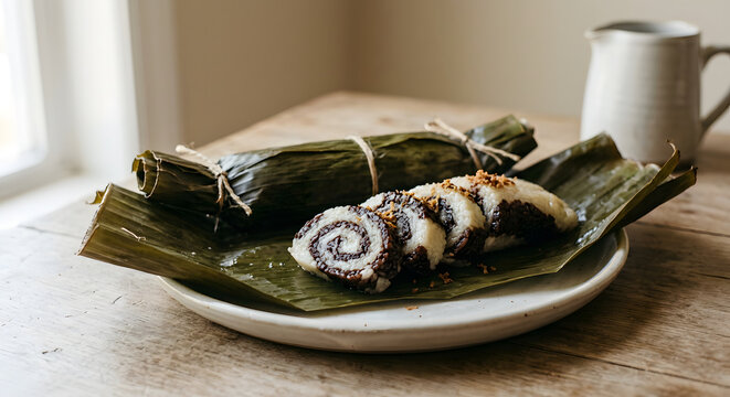 Filipino suman moron, a steamed glutinous rice roll with intertwined chocolate