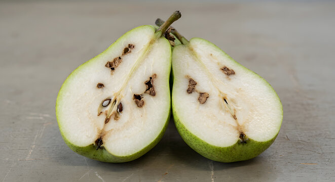 Photorealistic pear cut lengthwise showing several dry brown cork-like spots embedded