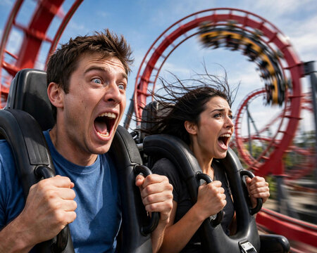 Excited young couple screaming on fast roller coaster ride