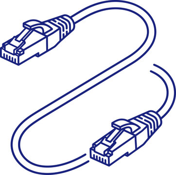 Blue line art icon of an ethernet network cable with rj45 connectors