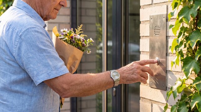 Senior man holding a bouquet of flowers rings a doorbell at a brick house entrance with ivy climbing the wall.