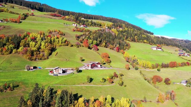 Green alpine fields and autumn forest in the Dolomites