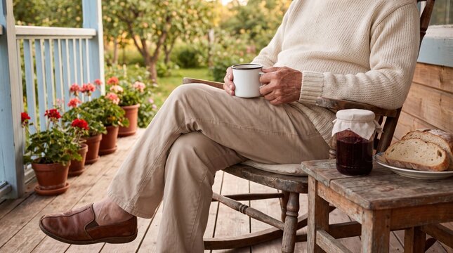 A senior man sits relaxed on a wooden deck holding a warm mug, enjoying breakfast with bread and jam while overlooking his blooming garden and green landscape.