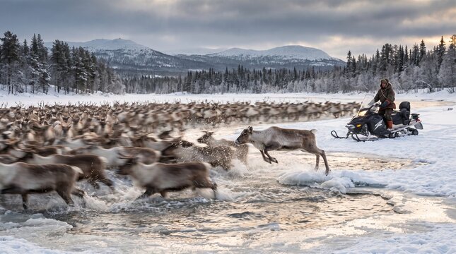 Sami reindeer herder on a snowmobile guiding a massive herd of Rangifer tarandus crossing a partially frozen river in the snowy Arctic tundra of Lapland with winter mountains in the background