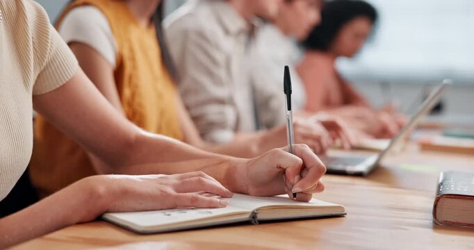 Hands, student and writing in class with notebook, college lecture and exam revision for education. Woman, coworking or notes at university for study planner, academic priorities and learning summary