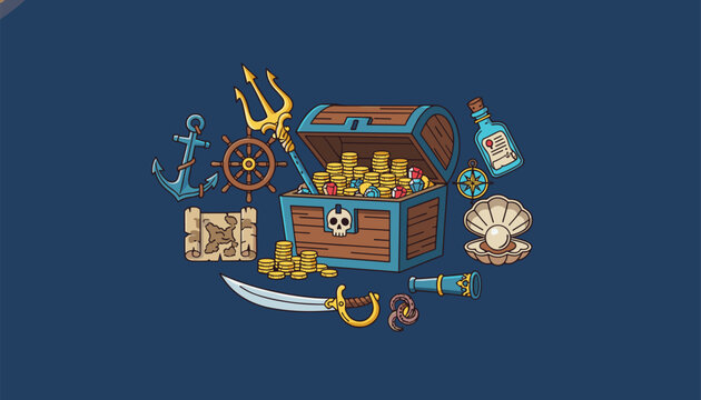 Nautical adventure elements including treasure chest, anchor, steering wheel, map, and spyglass are arranged neatly.