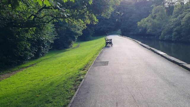 Sunny wide asphalt path beside a lake, with manicured lawn and mature green trees moving gently in the breeze