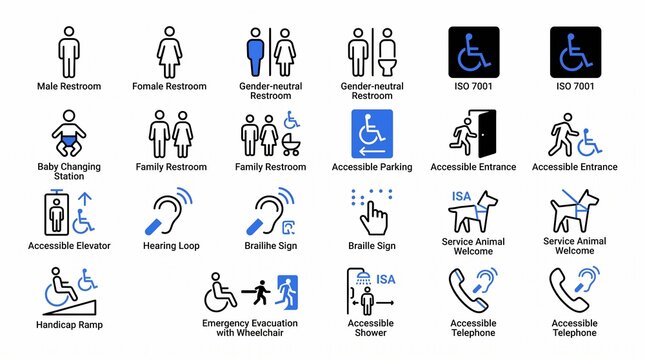 Accessibility sign icon set, handicap and public restroom symbols, inclusive wayfinding vector icon collection for facilities