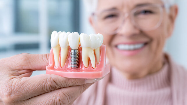 Senior woman holding dental implant model for tooth restoration with oral health
