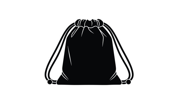 Black and white vector illustration of a drawstring gym bag or school backpack isolated on white space.
