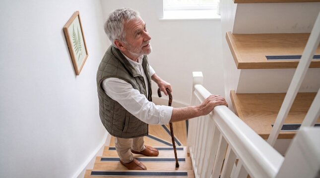 Senior man with gray hair and beard climbs wooden stairs while holding a white handrail and wooden cane in a bright, modern home. The staircase features wood treads with dark risers, white walls,...