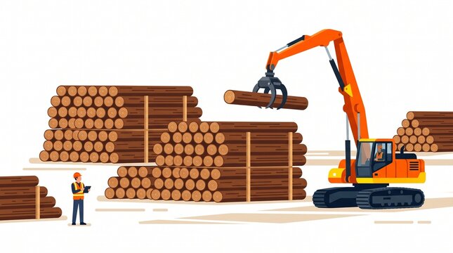 Logging industry scene with excavator and worker managing timber stacks