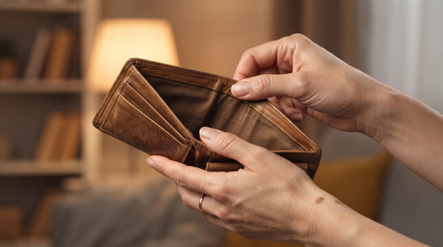 Woman hands opening an empty leather wallet showing financial difficulties and lack of money