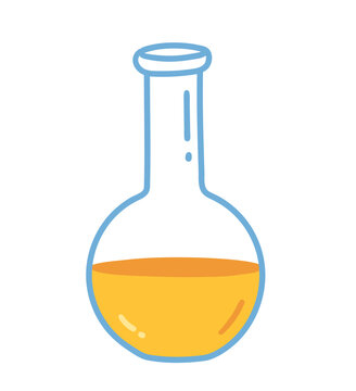 Laboratory flask with yellow liquid. Vector illustration for science, chemistry, experiment and education designs.