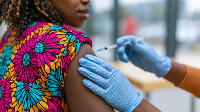Medical professional giving a vaccine injection to a woman with healthcare worker