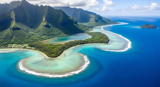 Breathtaking Tropical Paradise Aerial View of lush green volcanic mountains meeting turquoise coral reefs and crystal clear ocean waters, ideal for luxury travel brochures.